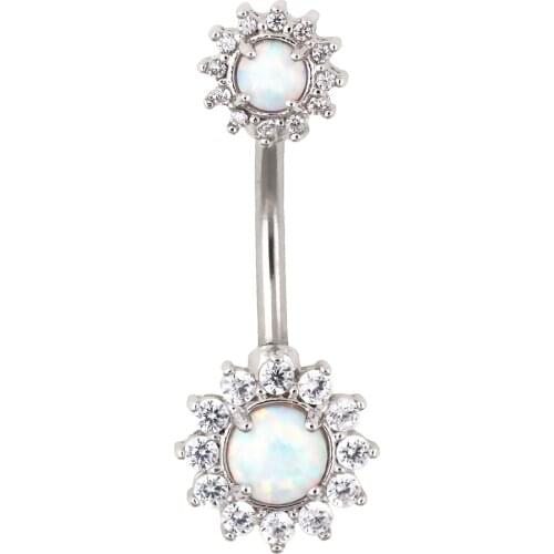 JHJT 1Pc Flower Dangle Belly Button Rings 316L Surgical Stainless Steel Opal Navel Bar Double Full Flower Shape Body Piercing