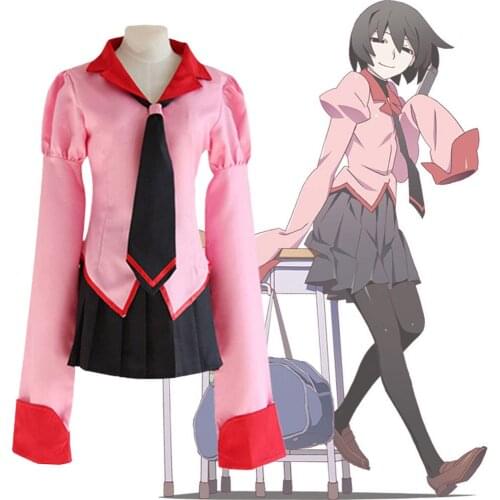 Anime Owarimonogatari Oshino Ougi Cosplay Costumes Wigs Bakemonogatari Halloween Pink School Girls Uniforms 3PCS/Set
