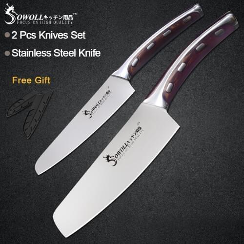 Sowoll Kitchen Stainless Steel Knife 2 Piece Set Seamless Welding Resin Fibre Handle Chef Utility Knives Meat Sushi Cooking Tool