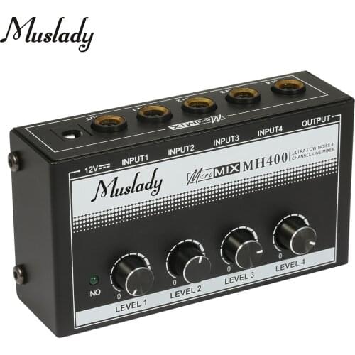 Muslady MH400 Ultra Low-Noise 4-Channel Line Mixer Mini Audio Mixer with 1/4-inch TS Input&Output Volume Control for Guitar Bass