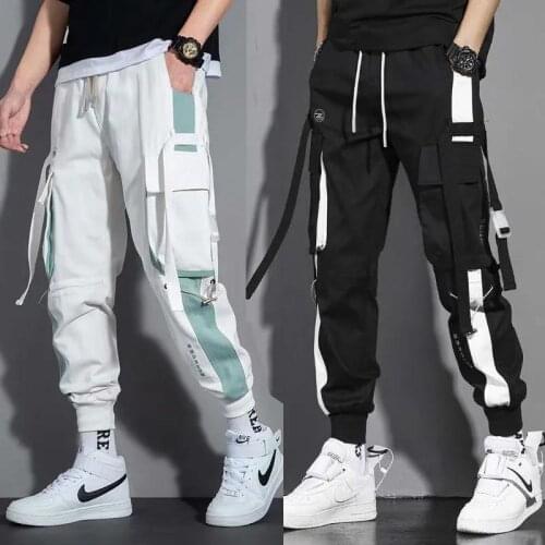 2021 Mens Harem Pants Side Pockets Cargo Ribbons Black Hip Hop Casual Male Joggers Trousers Fashion Casual Streetwear