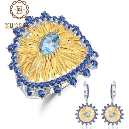 GEMS BALLET 2.2Ct Natural Swiss Blue Topaz Jewelry 925 Sterling Silver Handmade Sunflower Ring Earrings Jewelry Sets For Women