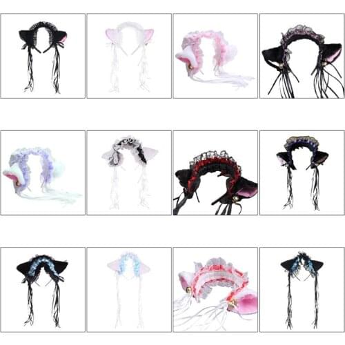 Women Ruffles Lace Headband Plush Cat Ears Ribbon Bell Lolita Cosplay Hair Hoop NEW