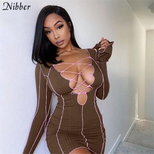 Nibber Sexy Stripe Low-Cut Hollow Out Party Night Clubwear Women Fashionable Lace Up Bodycon Street Dress Fall Casual Clother