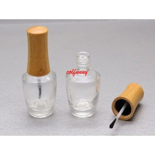 15ml Empty Clear Glass Nail Polish Bottle with Bamboo Cap DIY Cosmetic Liquid Nail Art Container with Brush Makeup tool F060401