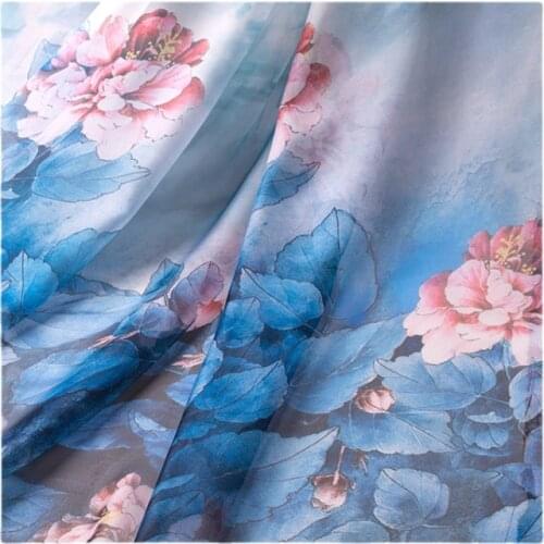 Width 58" Soft Smooth Elegant Water Ink Peony Printed Chiffon Fabric By The Half Yard For Hanfu Dress Shirt Material