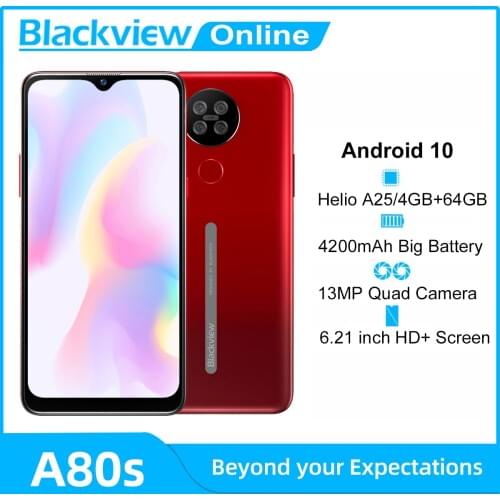 Blackview A80s Android 10 Smartphone 4GB RAM+64GB ROM Octa Core 13MP Rear Camera 4200mAh Face Fingerprint Unlock 4G Mobile Phone