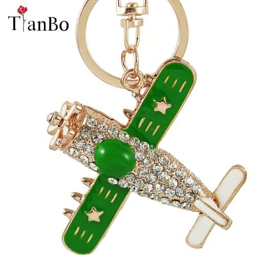 Green Plane Aircraft Key Chains Rings Holder Flower Star Crystal Rhinestone Purse Bag Buckle Pendant Keyrings KeyChain