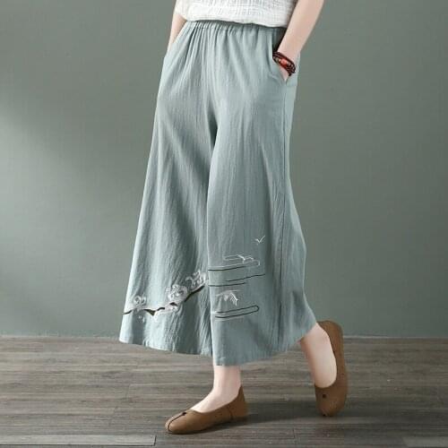 Plus Size Women Cotton Pants Summer Elastic Waist Loose Casual White Wide Leg Pants Chinese Style Cotton Linen Trousers 12713