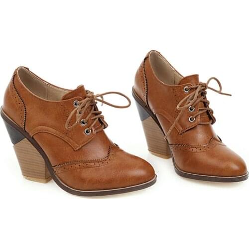 2020 Autumn Brogue Shoes Women High Heels Casual Lace Up Leather Shoes Woman Office Thick Heel Ladies Shoes