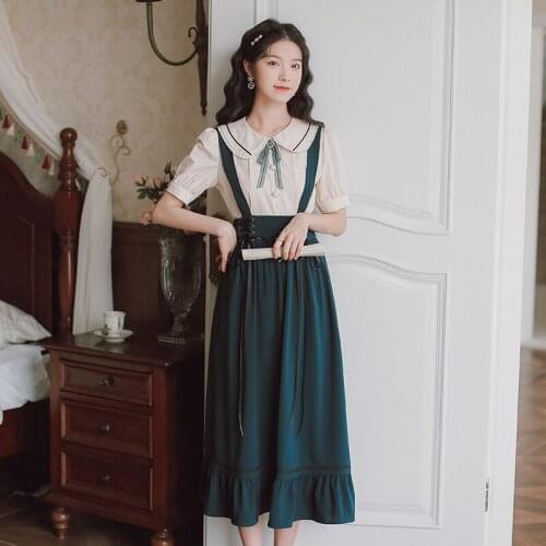 Sweet Retro Two Piece Set Women Summer Lace Bow Doll Collar Cute Tops+French Literary Retro Suspender Skirt Suit