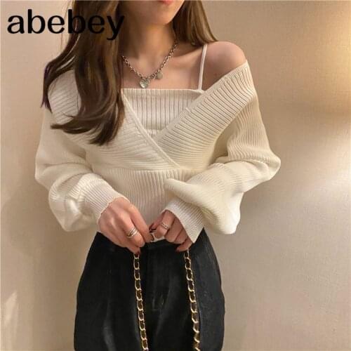 Solid Slim Autumn Short V Neck White Knitted Tops Bottom Fake Two Pieces Pullovers Sweaters Lady Fashion Chic Korea