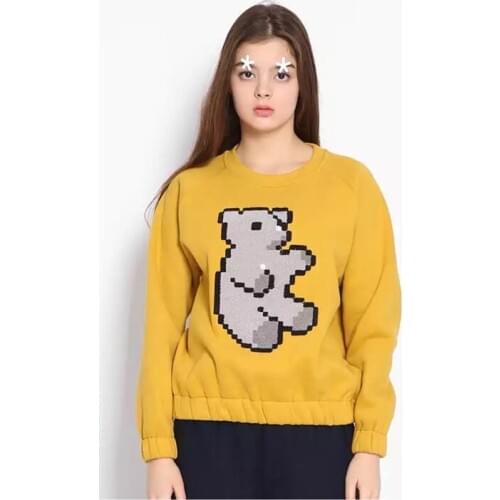 2017 Autumn Winter New Pullover Tops Long Sleeve Women Sweatshirts Knitted Velvet Thick Hoody Bear Printed Loose Yellow Tops