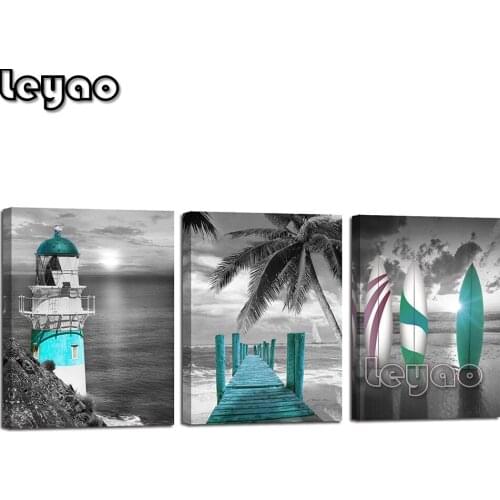 Diamond Embroidery 5d Triptych Blue Green Ocean Lighthouse Diamond Painting Full Square/Round Drill Palm Tree Surfboard 3 Pieces