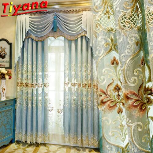 European Luxury Embroidery Curtains for Living Room Blue-Chenille Semi-Blackout Curtains Blue Embroidery Sheer Tulle X-M037#40