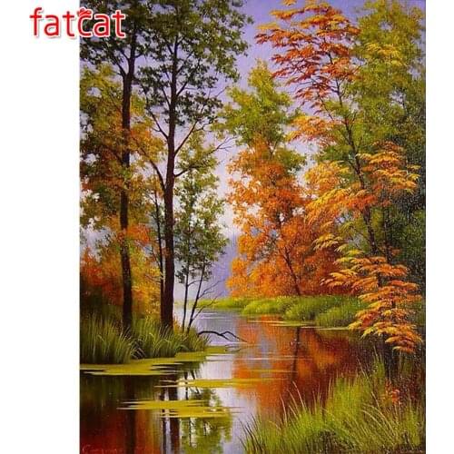 FATCAT 5d diy Diamond Painting Autumn landscape river Diamond Embroidery landscape Full Square Round Mosaic stickers decor AE560