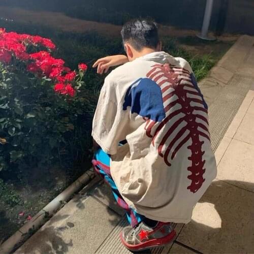 Colorful Skeleton Bone Printing KAPITAL T-Shirt Men Women Pure Cotton Oversize Badge Embroidery Apricot Black Summer Tee Tops