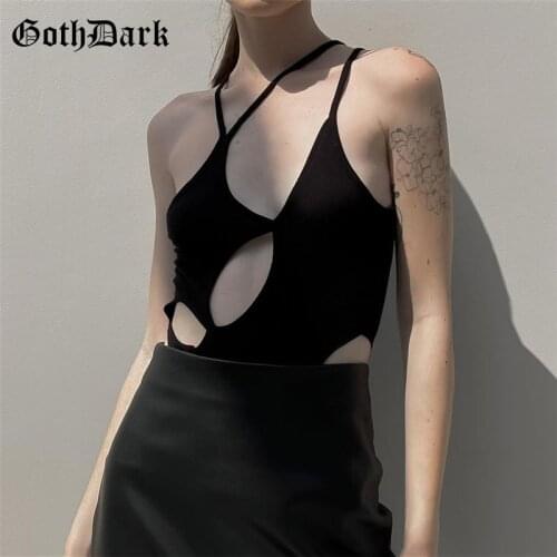 Goth Dark Punk Black Women Ribbed Bodysuits Y2k Summer Sexy Hollow Out Camis Bodysuit Gothic Irregular Fashion Halter Clothes