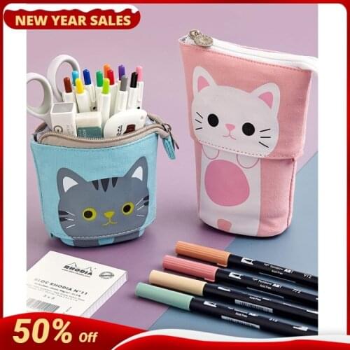 Pen Pencil Bag Case, Cartoon Cute Cat Bear Sheep Canvas Fold Standing Holder Stationery Organizer Kids Gift Cute pens bag