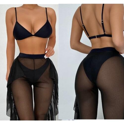 3 PCS Sexy Bikini Female Swimsuit Women Swimwear Three-pieces Bikini Set with Ruffled Beach Pants Bather Bathing Suit Swim 2021