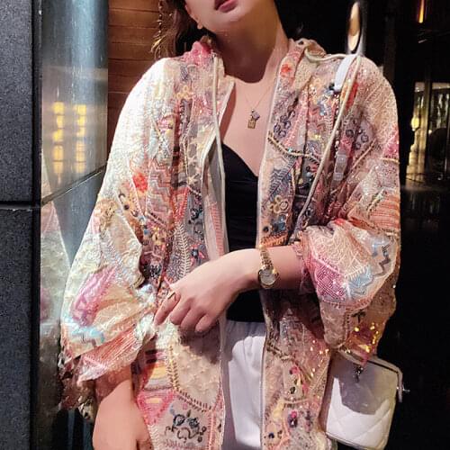 Summer Loose Perspective Organza Jackets Runway Women Lace Sequins Embroidery Hooded Coats Long Sleeve Oversized Sunscreen Shirt