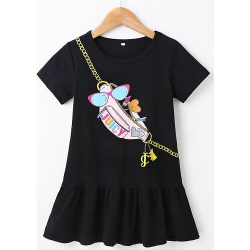 2021 Summer Womens Hot Style Black Printed Small School Bag Short Sleeve Dress Girls 3-8 Years Old