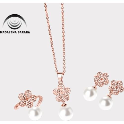 MADALENA SARARA Flower Style AAAA Cubic Zirconia AAA 8mm Freshwater Pearl S925 Plated pendant chain Necklace Jewelry Set
