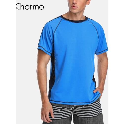 Charmo Men Rashguard Dry-Fit Short Shirt Surfing Suit Men Diving Shirt UV-Protection Rash Guard Top UPF 50+ Patchwork Beach Wear