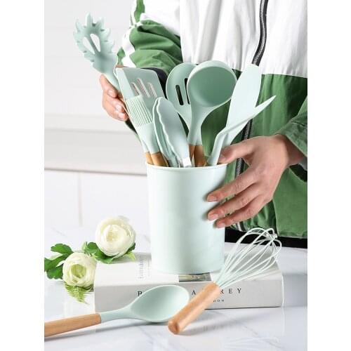 12pces Silicone Cooking Kitchen Utensils Set Non-Stick Spatula Shovel Wooden Handle Cooking Tools Set With Storage Box Kitchen T