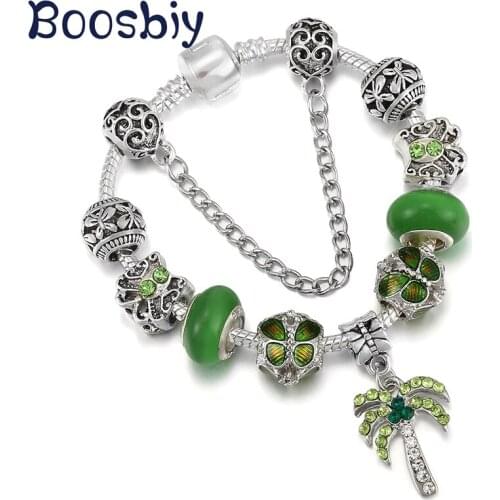 New Design Silver Plated Green Butterfly Beads Charm Bracelet With Coconut Tree Pendant DIY Fashion Summer Jewelry For Women
