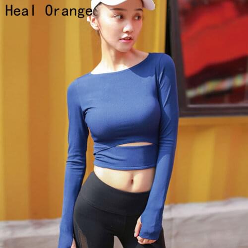HEAL ORANGE Women Sexy Sports Top Yoga Shirts Fitness Crop Long Sleeve Solid Running Shirt Sport Jerseys Gym Clothes Sportswear
