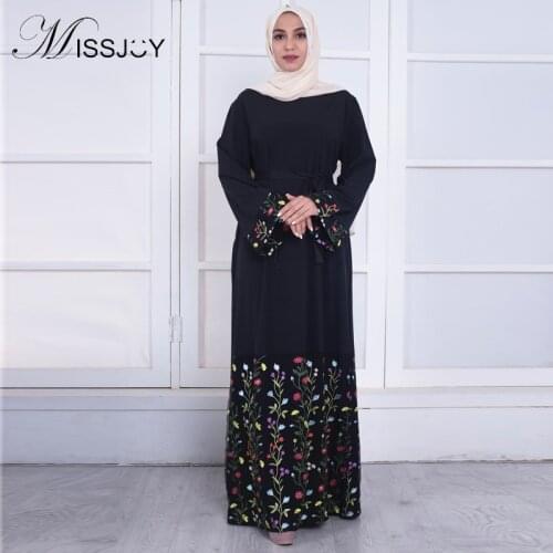 MISSJOY New Arab Abaya Maxi Dresses Muslim Women Caftan Fashion Flare Sleeve Flower Embroidery Lace Bangladesh Islamic clothing