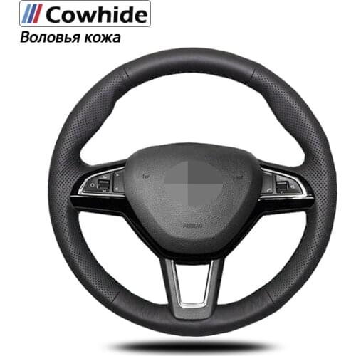 Hand-stitche Black Genuine Leather Car Steering Wheel Cover for Skoda Octavia 2017 Fabia 2016 2017 Rapid Spaceback 2016 Superb