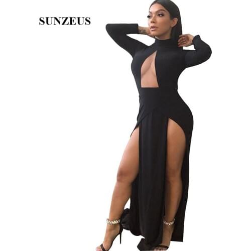 Sexy Two Slits Prom Dresses High Neck Long Sleeves Party Gowns For Women Women Black Jersey Dress