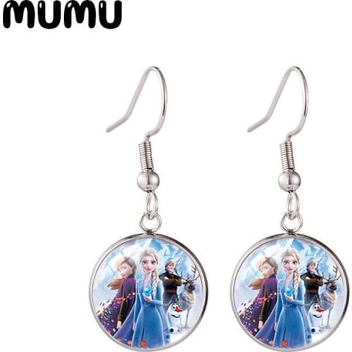 2021 New Anna Olaf Fish Hook Earring Princess Elsa Photo Round Jewelry Glass Dome Earrings Gifts Girl