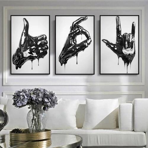 Modern Metal Gold Black Finger Statue Canvas Paintings Abstract Poster Print Wall Art Picture for Living Room Wall Decor Cuadros