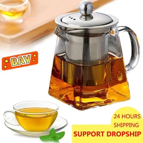 Infuser Hot Heat Resistant Glass Teapot With Stainless Steel Heated Container Tea Pot Good Clear Kettle Square Filter Baskets
