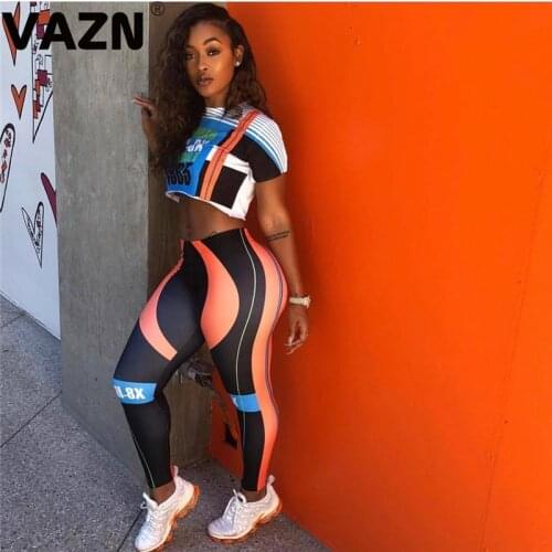 VAZN 2020 Hot High Street Soft Sexy Fancy Smart Young Fashion Short Sleeve Top Long Pants Elastic Braid Women 2 Piece Set