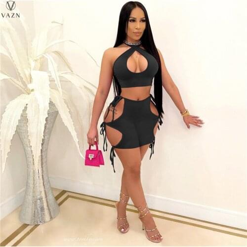 VAZN 2021 Hot Summer Solid Soft Elastic Tracksuits Sleeveless Short Pant Sexy Young High Waist Skinny Women 2 Piece Set