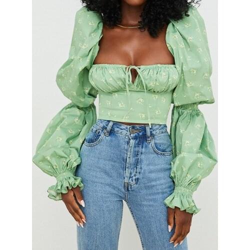 Puloru Chic 2021 New Flowers Casual Shirts Women Lace-up Front Square Collar Crop Tops Autumn Fashion Long Puff Sleeve Wrap Top