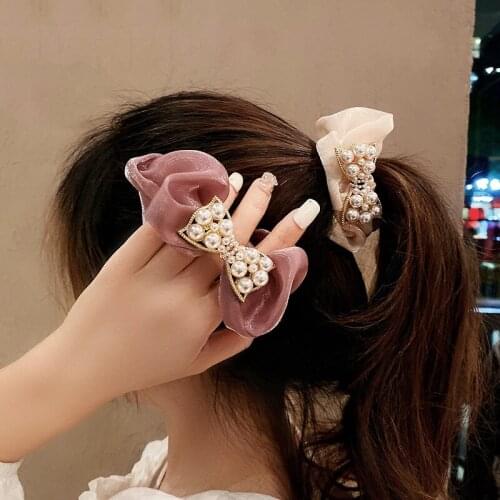 Women Vintage Bow Pearl Satin Hair Tie Lady Solid Color Hair Rubber Bands