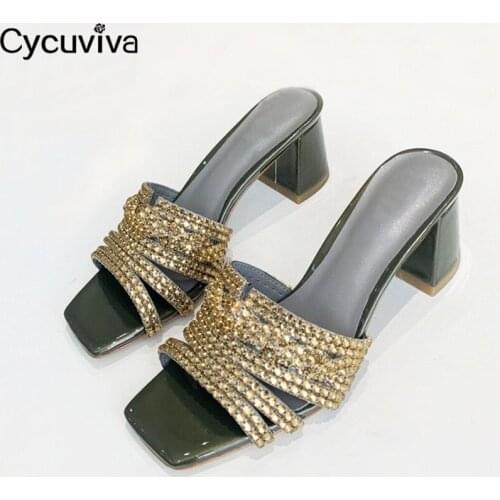New Crystal Party Shoes Women Chunky High Heel Gladiator Sandals Summer Rhinestone Slides 2020 Runway Square Toe Woman Slippers