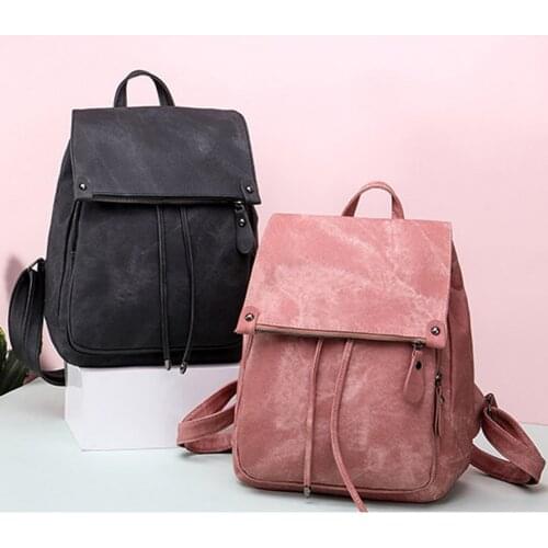 Preppy Style Women Leather Solid Color Backpack Drawstring School Rucksack