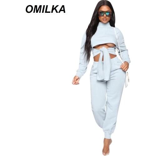 OMILKA 2 Piece Set Women Crop Top and Long Pant Set 2019 Autumn Winter Women Long Sleeve Stand Neck Bandage Streetwear Outfits