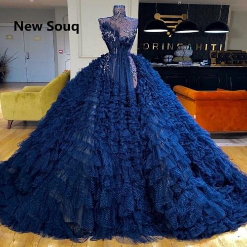 2019 Unique Design Ball Gown Evening Dresses Illusion High Neck Evening Dress Glitter Crystal Prom Dress robe de soiree