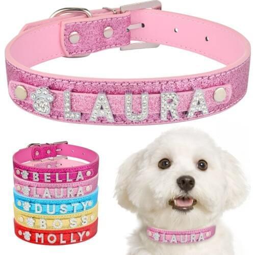 2020 New Custom Pet Dogs Cat Name Personalized Dog Collar Leather Rhinestone Bling Charms