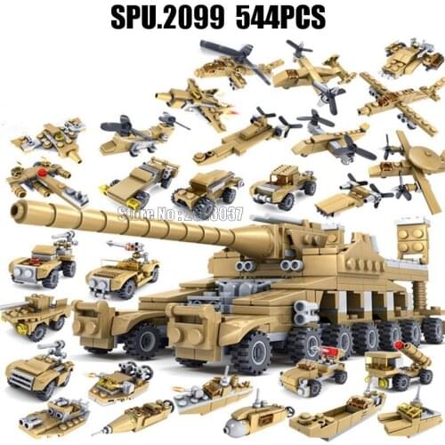 84031 544pcs Military Weapons 16 In 1 Super Tank Plane Helicopter Armoured Vehicle Warship Building Blocks Toy