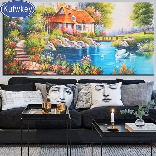 Diamond Mosaic new Diamond Painting European Garden Cottage full square pictures of rhinestones landscapes lake swan decor