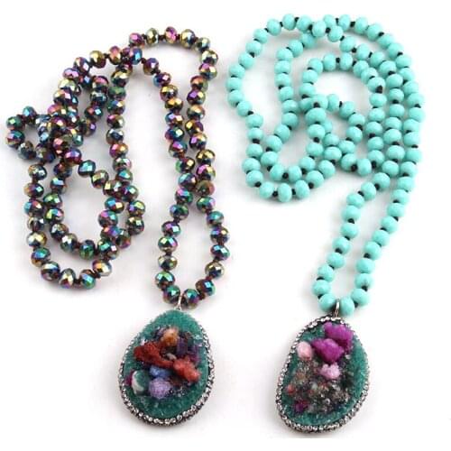 Free Shipping Fashion Multi Long Crystal Glass Knotted Natural Stone Drop Pendant Necklaces For Bohemian Tribal Jewelry