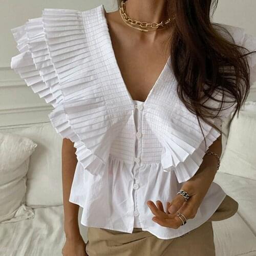 Korean Fashion Women Tops Summer Ruffles Pleated Shirt Loose Butterfly Sleeve V Neck Blouse Slim Button Up Shirt Elegant 14775